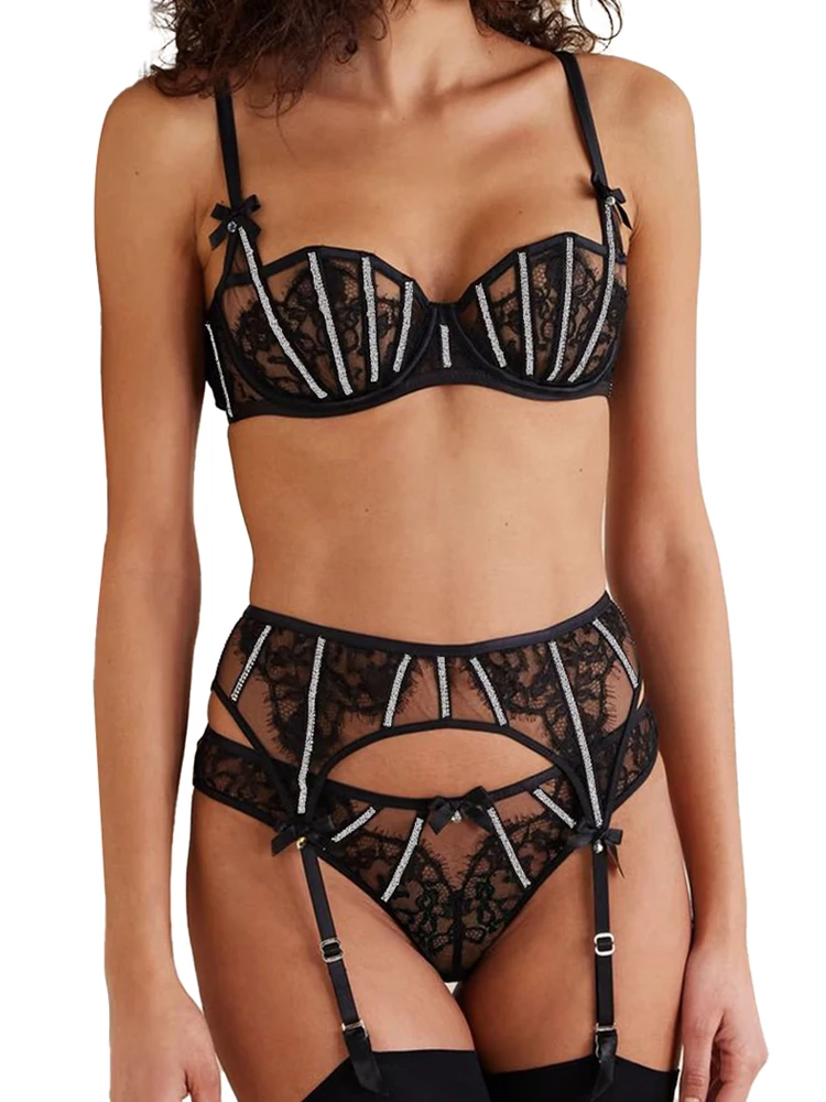 

Belamimi Fashionable See-through Lace Underwear Set with Silver Light Band Shaping Sexy Stockings Included