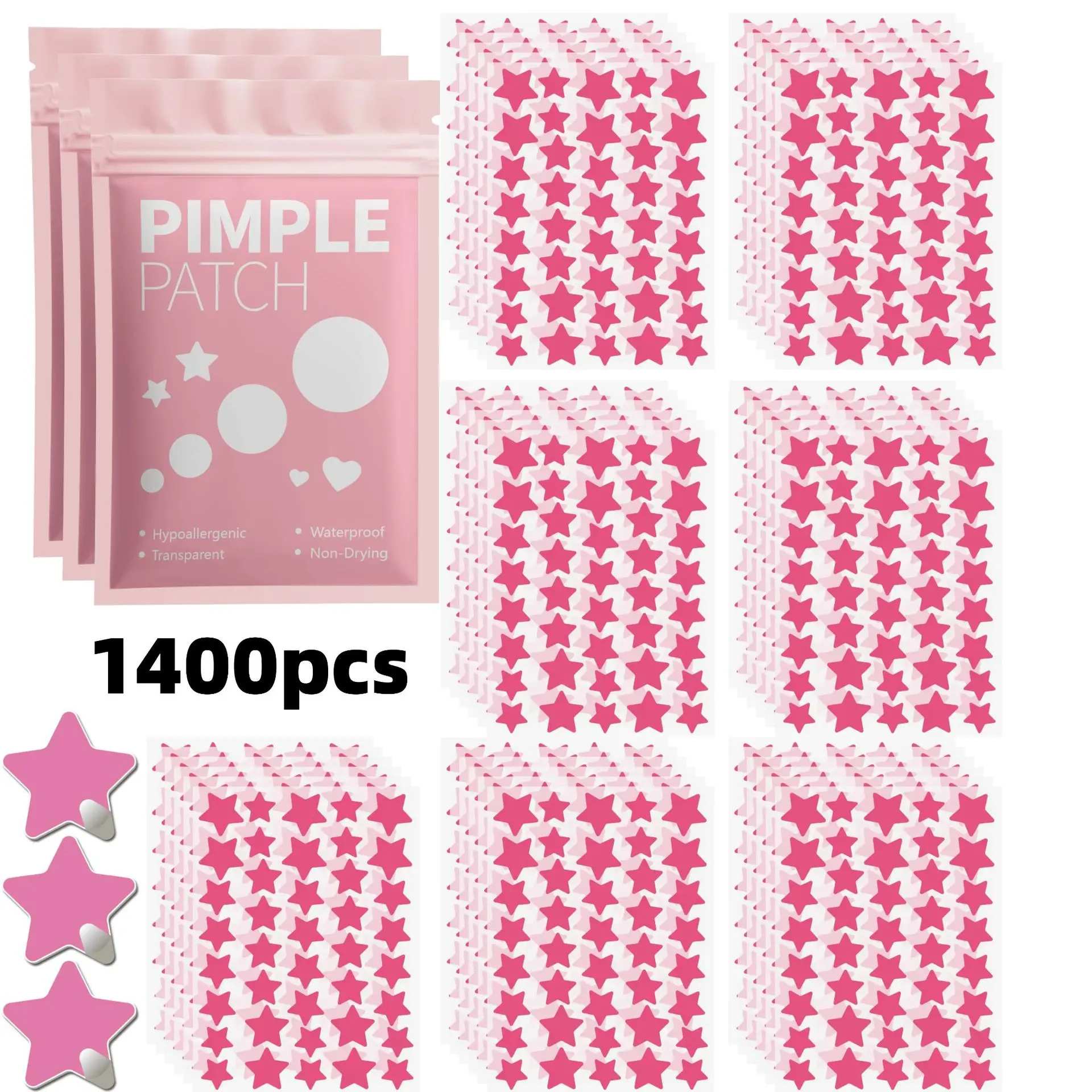 1400pcs Pink PE Star-Shaped Pimple Patches: Invisible Blemish Cover Stickers Cover Removal Cute Star Pimple for Daily Skin Care