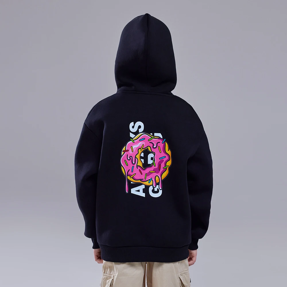 A4 Donut Print Hooded Sweatshirt Black Unisex Pullover Casual Streetwear Autumn Winter Fleece Loungewear with Kangaroo Pocket