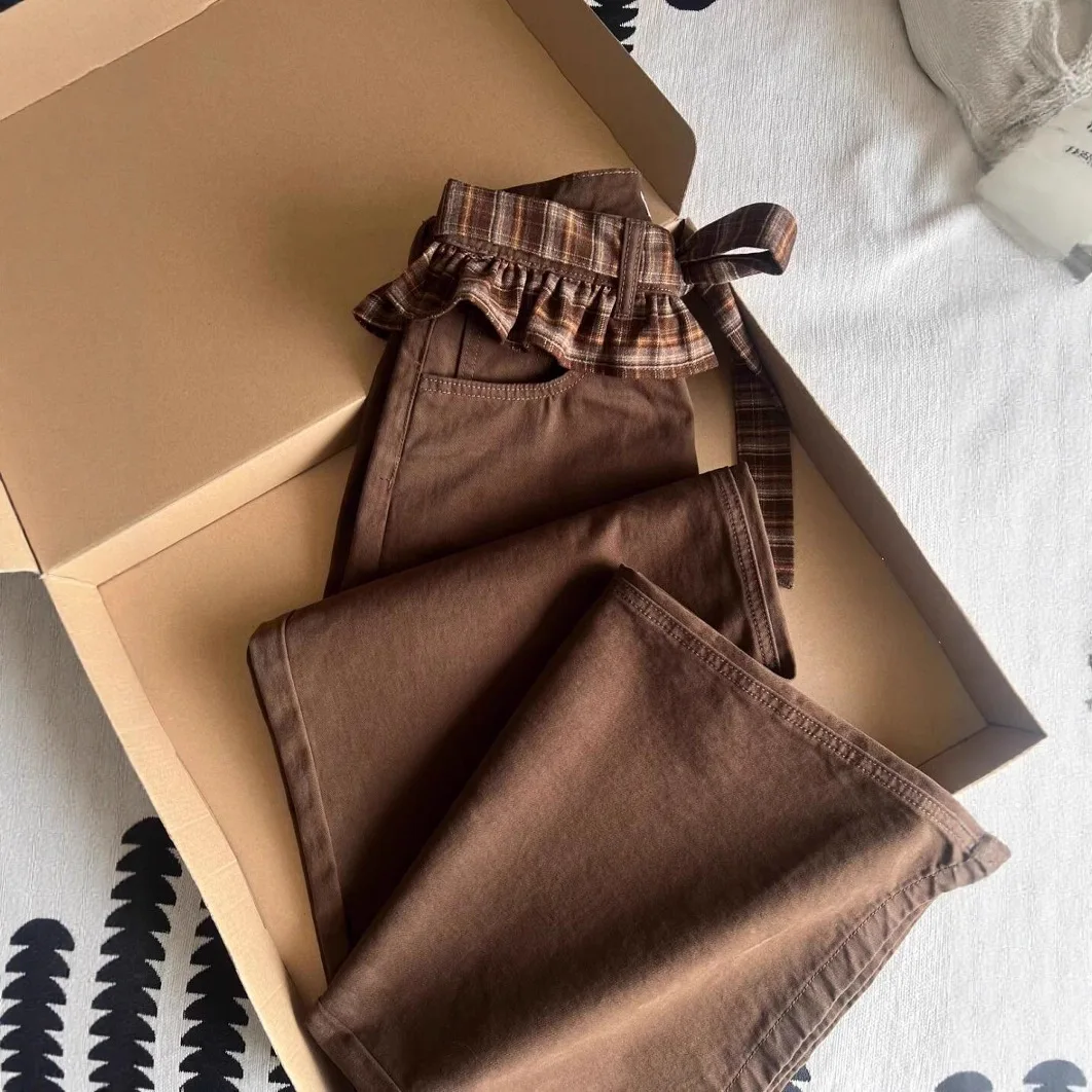 Tall Women's Extended  Brown Butterfly Belt Jeans Spring Design Sense Lazy  Wide-Leg Pants