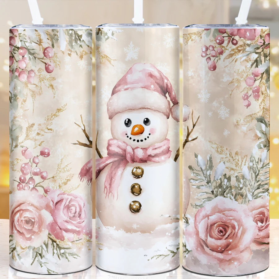 20oz Coffee Cups Straw Lid Stainless 3D Print Snowman Christmas Party Water Bottle Drink Tea Milk Mugs Festive Party Decors