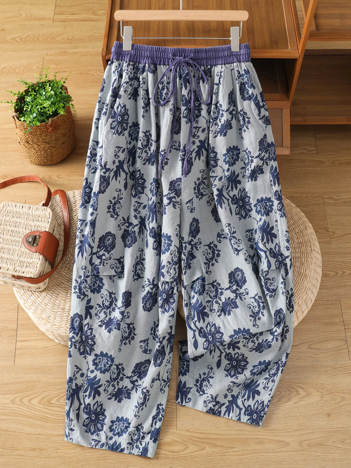 

Ethnic Sle Wide Leg Lantern Pants Loose Fit Casual Loose Cotton Hemp Elastic Waist Color Blo Slimming Harem Pants