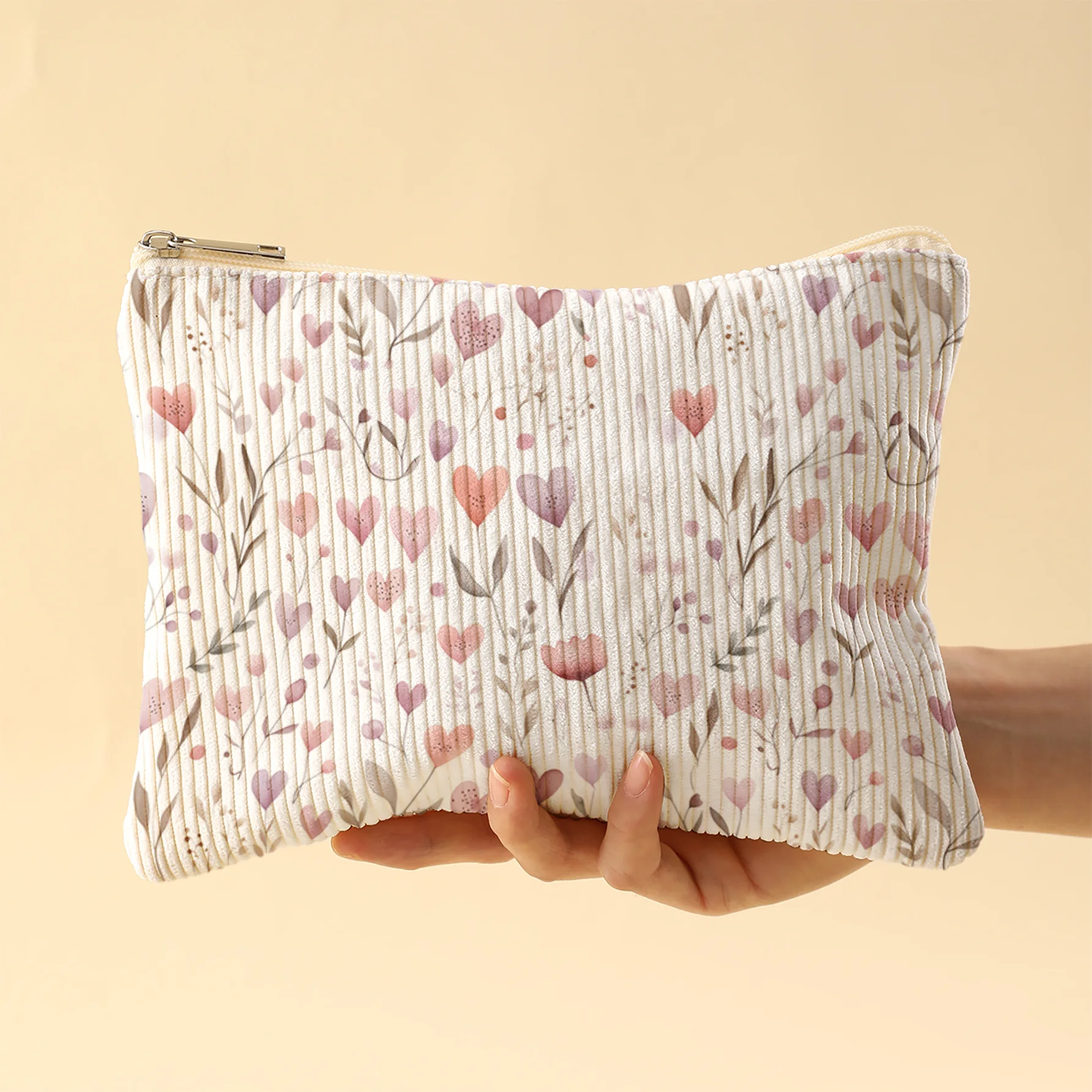 Aesthetic Watercolor Heart Wildflower Corduroy Cosmetic Bag Portable Travel Makeup Pouch Zipper Toiletry Organizer Gift Women's