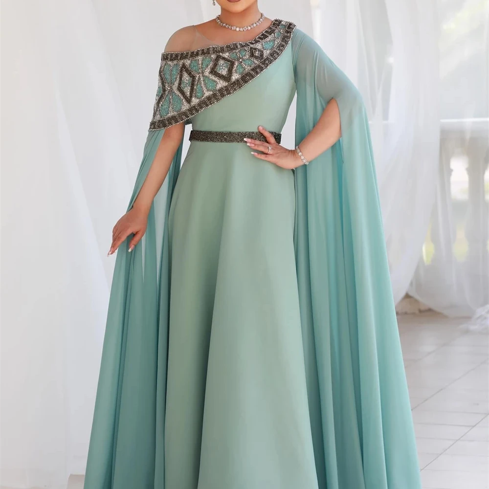 

New Elegant and Understated Green Chiffon Embroidered Diagonal Collar Cape Evening Dress in Arabic Style