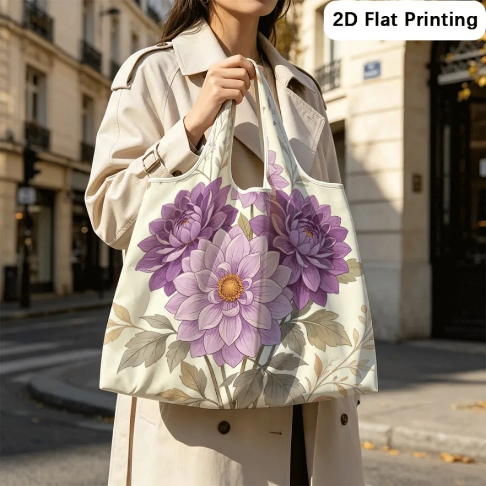 Dahlias glow soft lavender Foldable tote shoulder bag, portable and space‑saving for students.