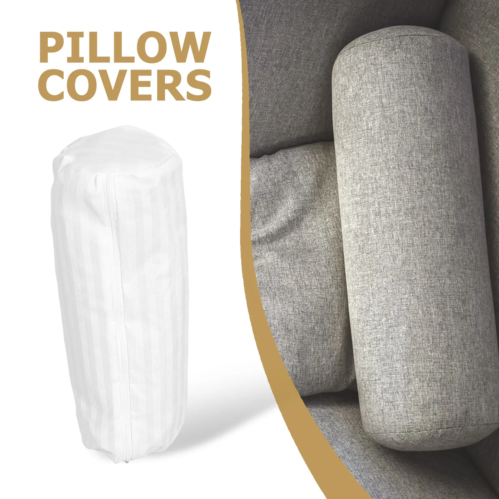 Round Pillow Sleeve Cover for Cylindrical Bolster Pillows Soft Comfortable Breathable Fabric Hidden Zipper Washable Pillow