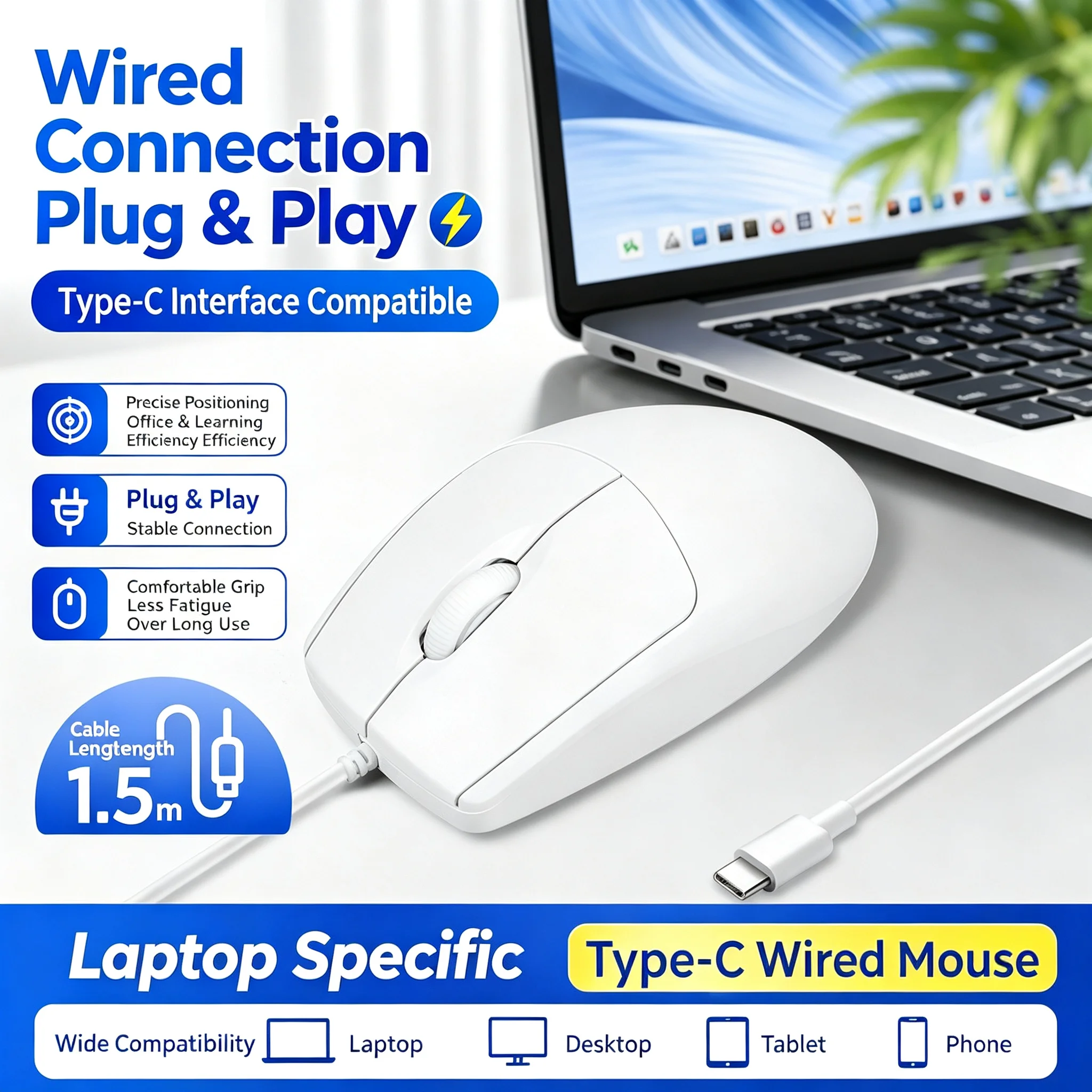 Type-C Interface Wired Mouse Cross‑system Compatible Works with computers, tablets For Small Hand Office Use Mause