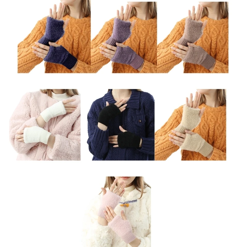 

Wrist Warmer Knit Gloves Winter Half Finger Solid Color Glove for Teens Skiing DXAA