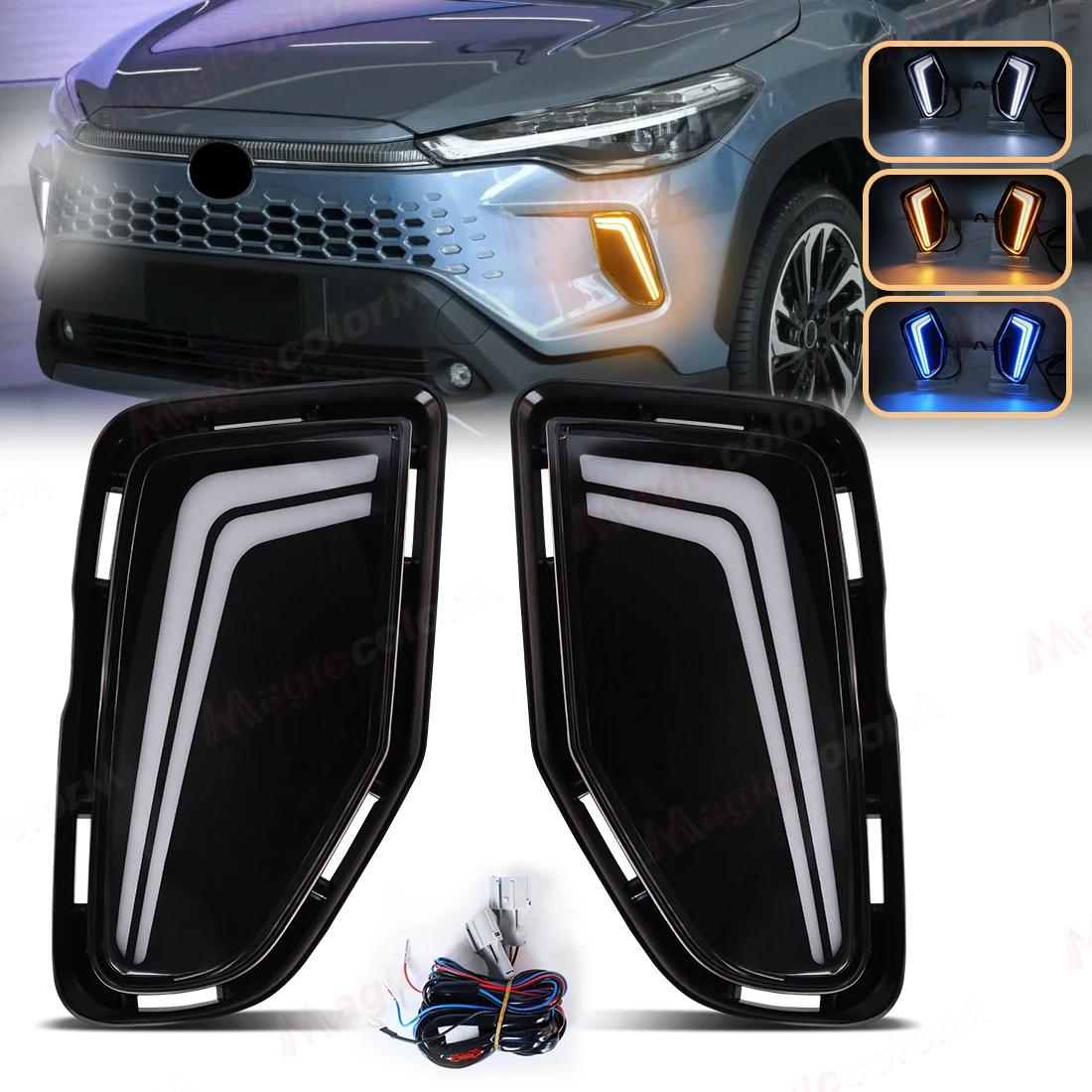 

For Toyota Corolla Cross 2024 2025 LED DRL Daytime Running Lights Turn Signal Fog Lamps Front Bumper Daylights White Yellow Blue