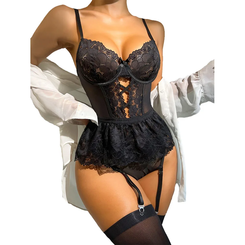

Women's Sexy Lingerie Set with Garter Belt Lace Bodysuit Teddy Baby Dolls Panty