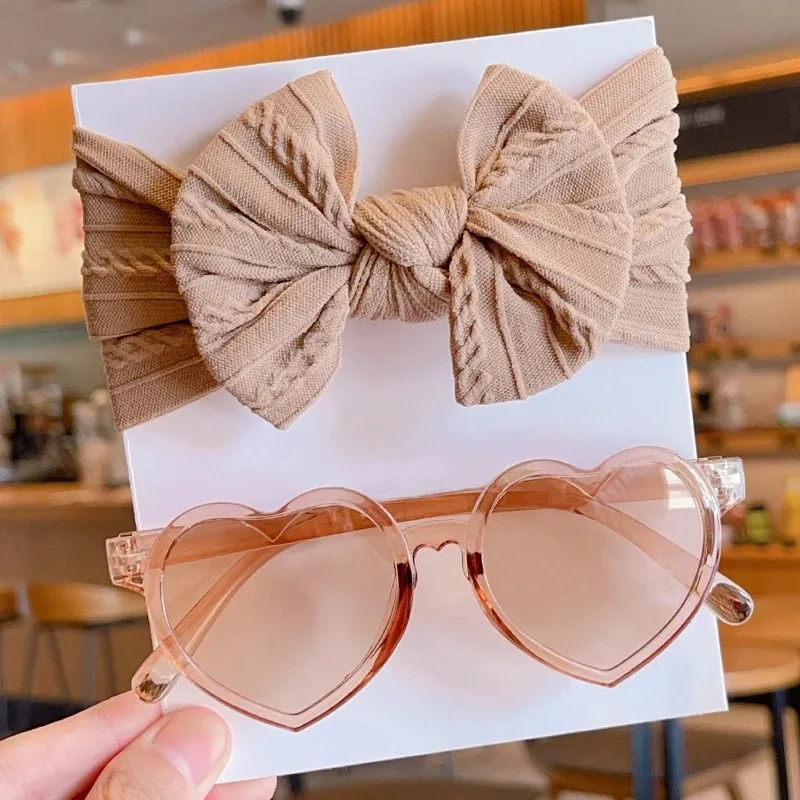 2 Teile/satz Neue Kinder Nette Farben Weiche Bowknot Breite Haarbänder Mode Runde Blume UV400 Sonnenbrille Set Kinder Haar Zubehör – Detail 15