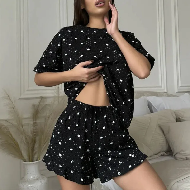 

Летние женские пижамные комплекты: футболки с коротким рукавом + шорты, модные принтованные костюмы из двух предметов, повседневная свободная домашняя одежда для сна