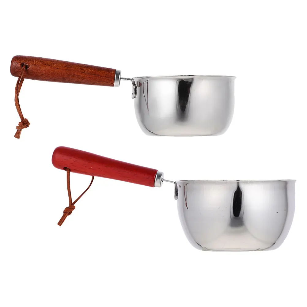 

2pcs Hot Oil Pan Small Pots 304 Stainless Steel Sauce Pans Pouring Oil Pot Milk Pot Wood Handle Melting Stove Top