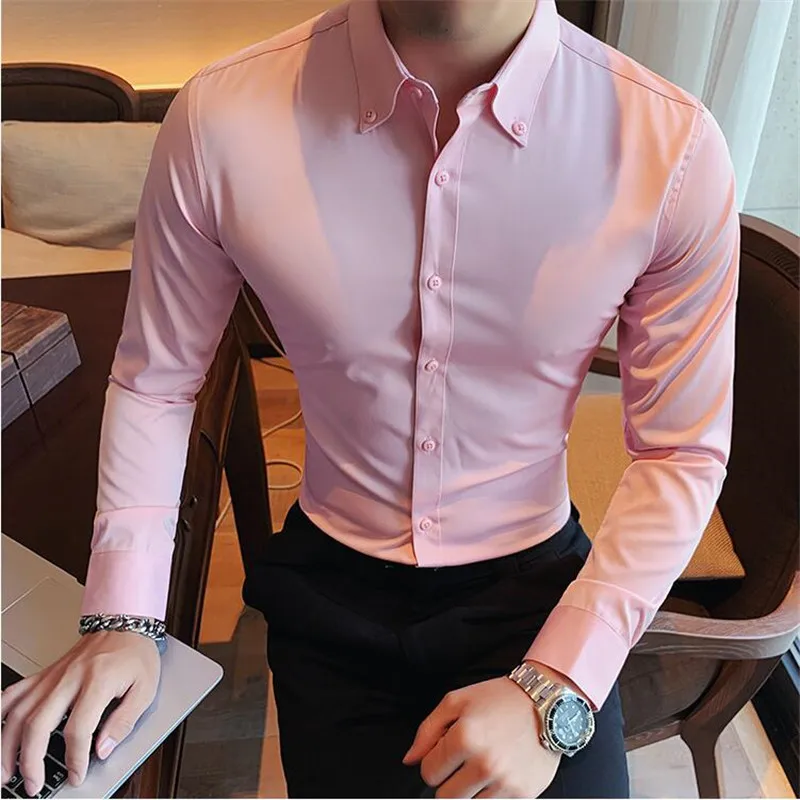 2024 High Quality Solid Color Men\'s Shirt Formal Business Dress Office Wedding Shirts Long Sleeve Casual Social Blouse Chemise