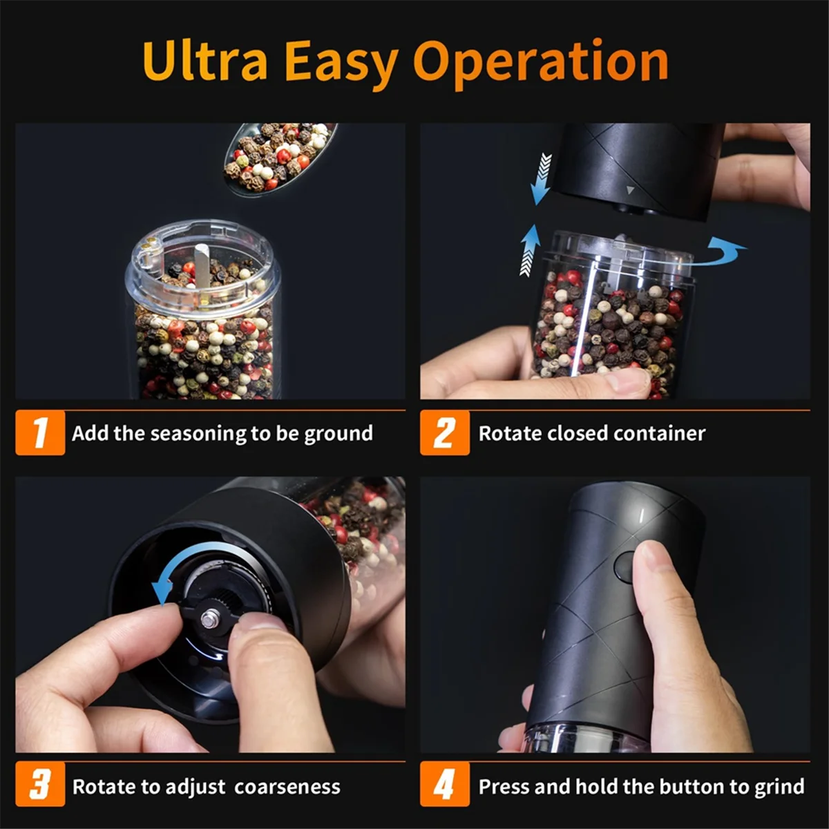 2Pack Electric Salt and Pepper Grinder Set USB Rechargeable with Warm LED Light, Adjustable Coarseness Large Capacity