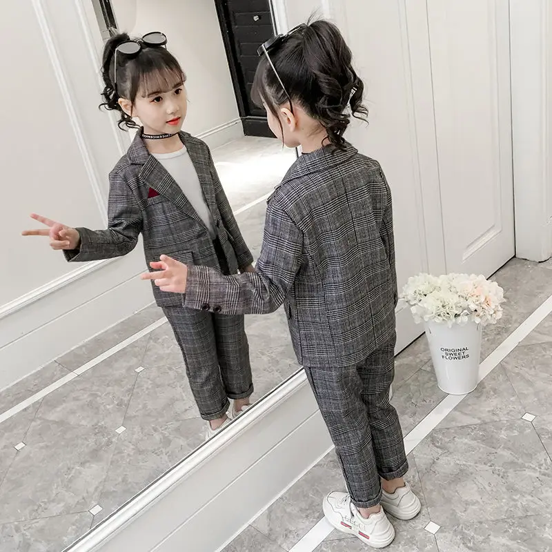 Fashion Wedding Kids Suit for Girls Formal Pant Suits for Teenagers 2PCS Blazer Set Brand Plaid Children Blazer 4 5 7 9 11 13T