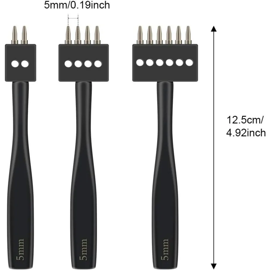Leder-Lochstanzer, Zinkenstanzer, schwarzes Locher-Werkzeug, 5 mm, 2, 4, 6, Schnür-Nähte, runde Loch-Zinken-Nähte, Meißel-Set, Lea