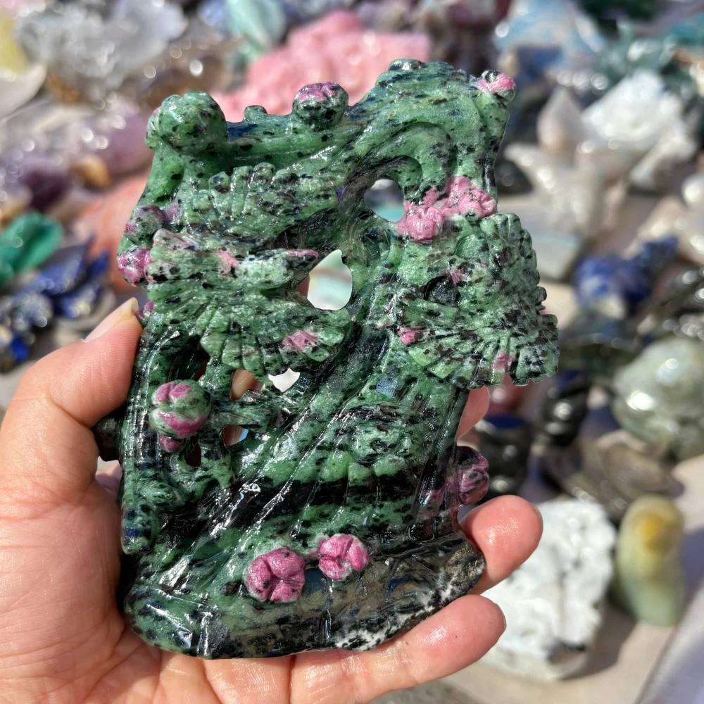Natural Ruby Zoisite Hand Carved Pine Crane Plum Blossom Statue, Hollow Out Crystal Sculpture, Home Desktop Decor Healing Stone