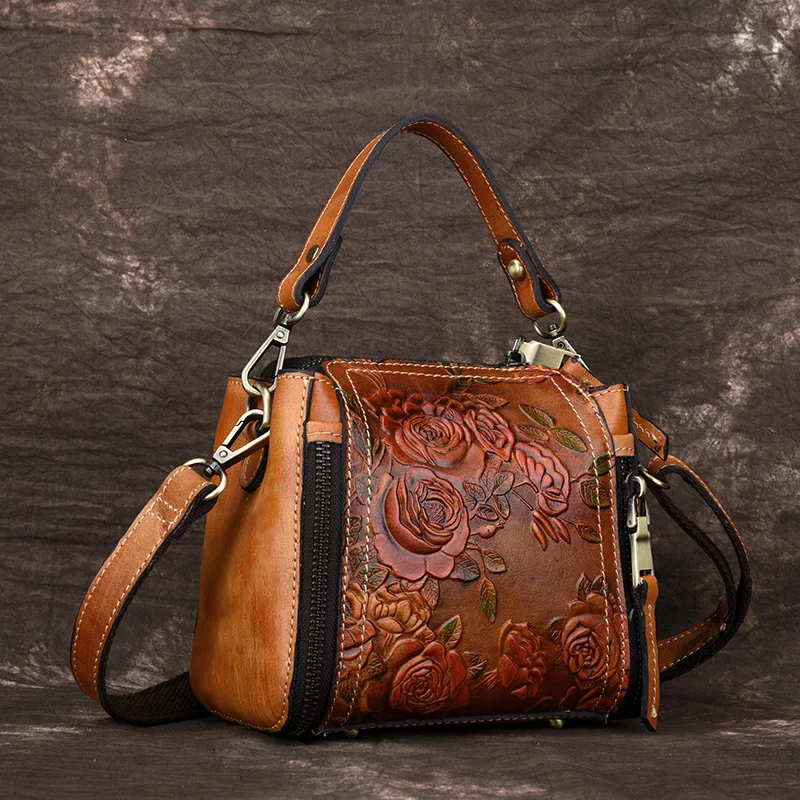 Genuine Leather Female Cross Body Tote Purse Handbag Luxury Floral Natural Skin Women Messenger Shoulder Top Handle Bags