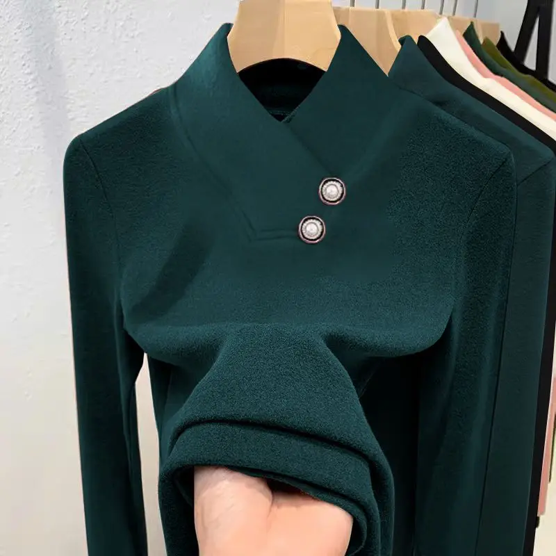 Thick Warm V-neck Bottoming Shirt Female Autumn Winter New Interior Lapping Oversized Long Sleeve T-Shirts Solid Color Top Tee