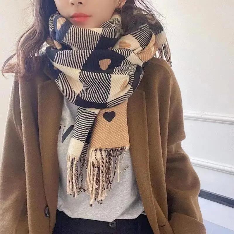 

Korean Vintage Plaid Heart Scarf Women Winter Faux Cashmere Japanese Shawl Korean Version Tide Hundred Matching Warm Neck Autumn