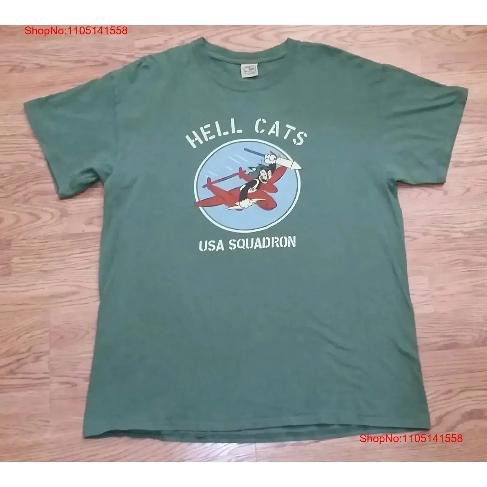 Hell Cats t shirt USA Squadron Large Green with Logo on Front vintage Washed Breathable Versatile streetwear graphic Stretched