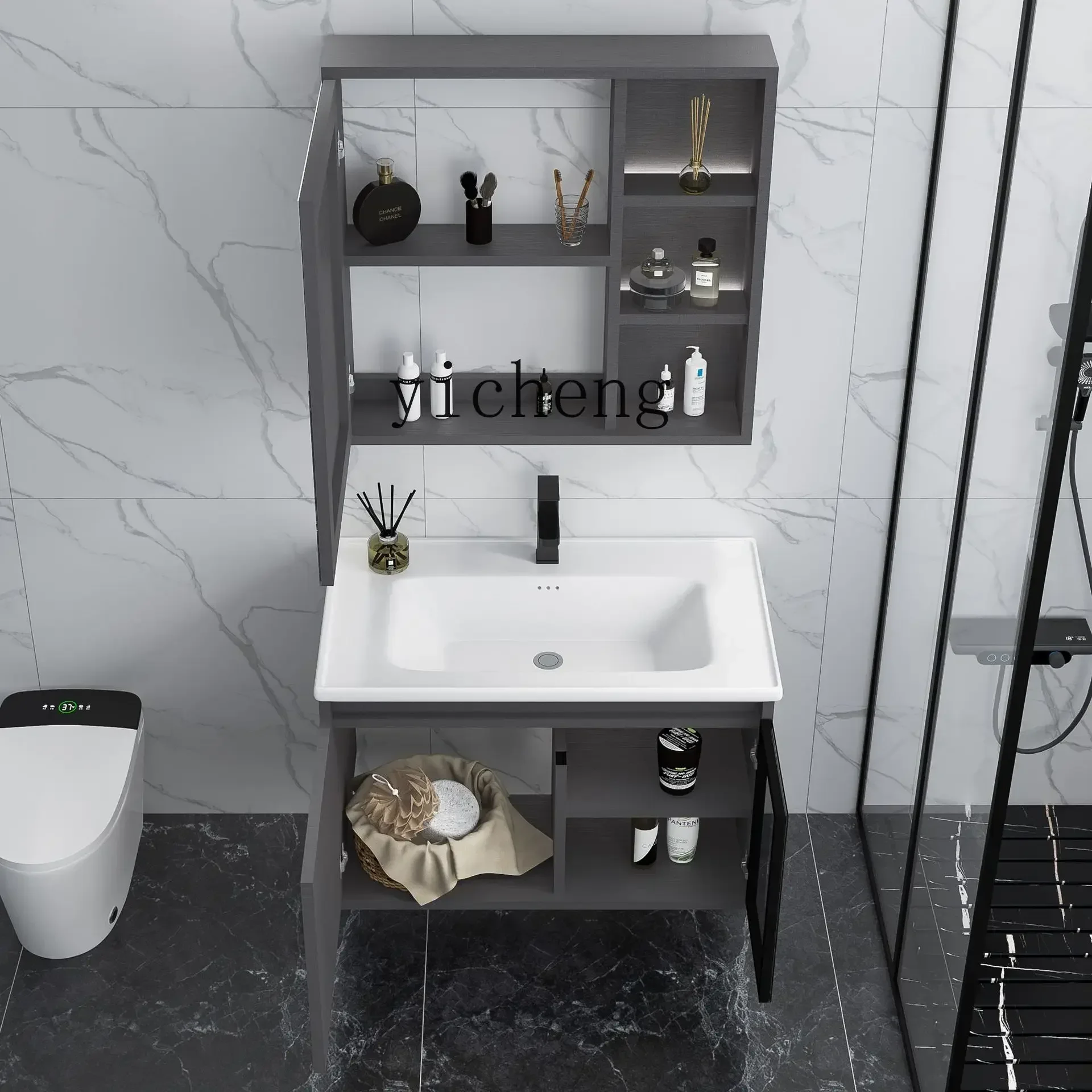 i10.10-Solid Wood Bathroom Cabinet Induction Layer Light Bathroom Cabinet Hand Washing Basin Cabinet Wash Counter