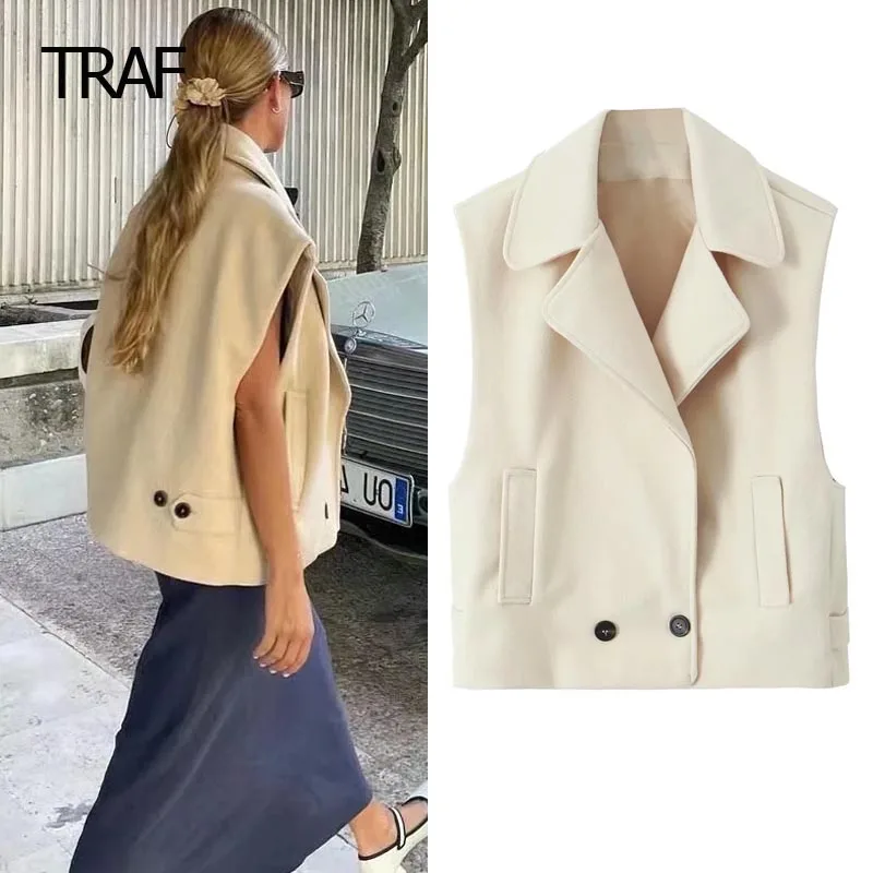 

TRAF Cropped Tweed Vests Women's Vest Autumn Winter Lapel Collar Sleeveless Waistcoat New In Outerwear Elegant Women's Warm Vest