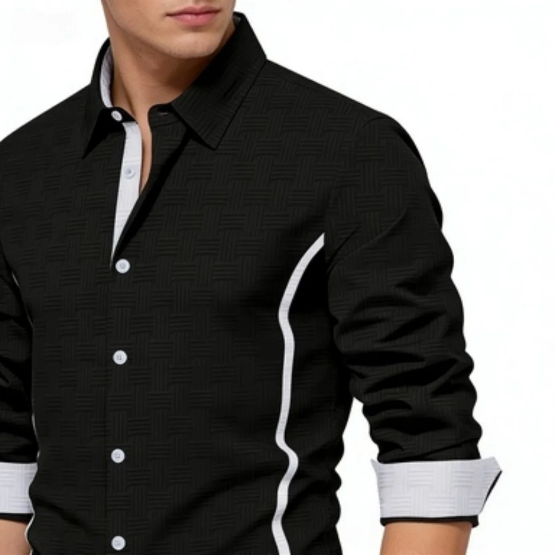 

Fashionable Men's Contrast Color Jacquard Shirt Long Sleeve Slim Fit Casual Button Down Dress Shirt For Daily Business Wear Men