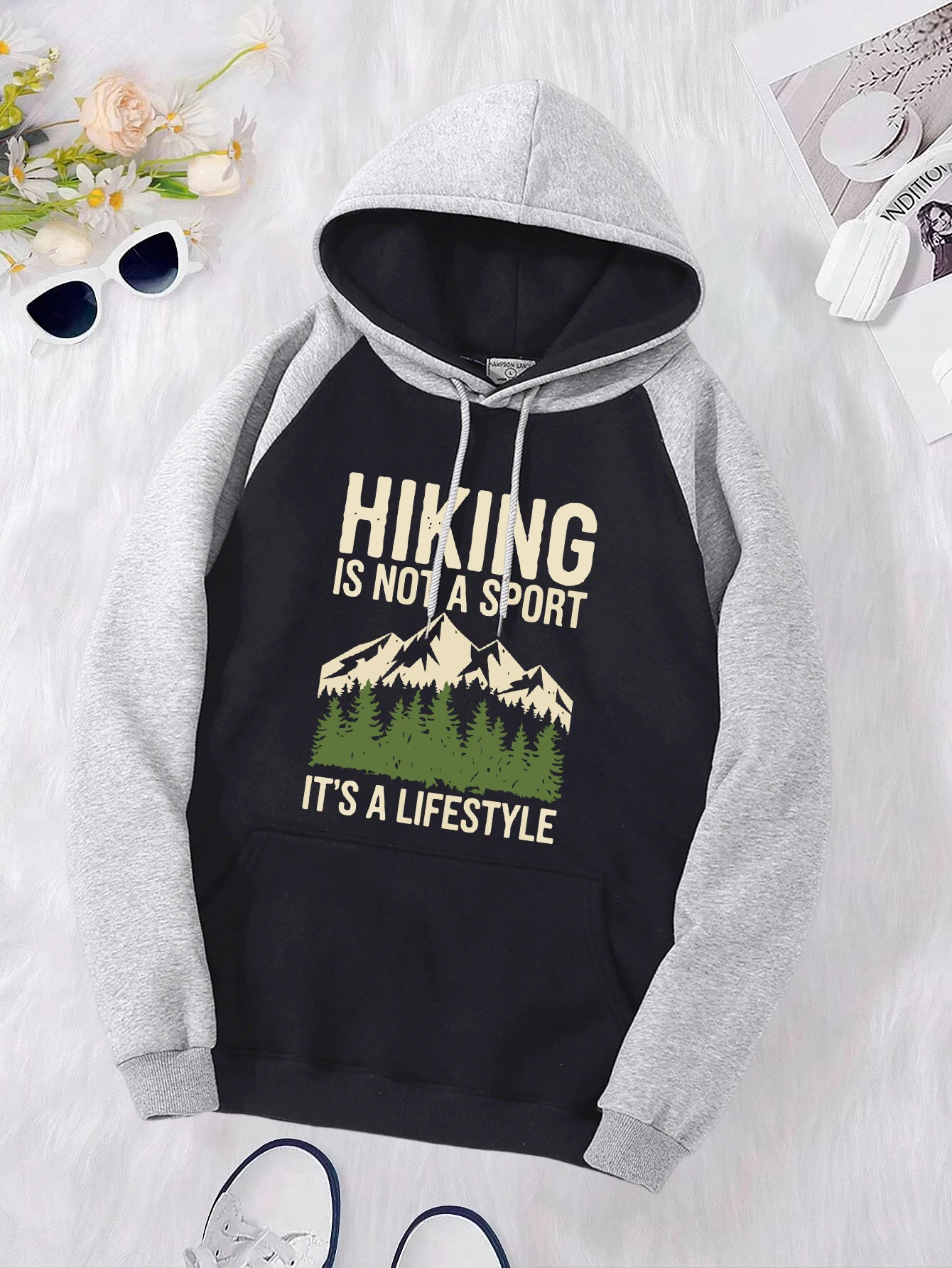 Hiking Is Not A Sport Mountain Range Printed Raglan Hoodies Womens Y2K Pocket Pullovers Fleece Multicolor Hoody Loose Sportswear