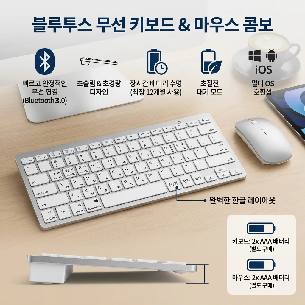 Ultra Slim Korean English Character layout Bluetooth Keyboard Mouse Combo Wireless for Phones iPad iPhone iOS Android Windows