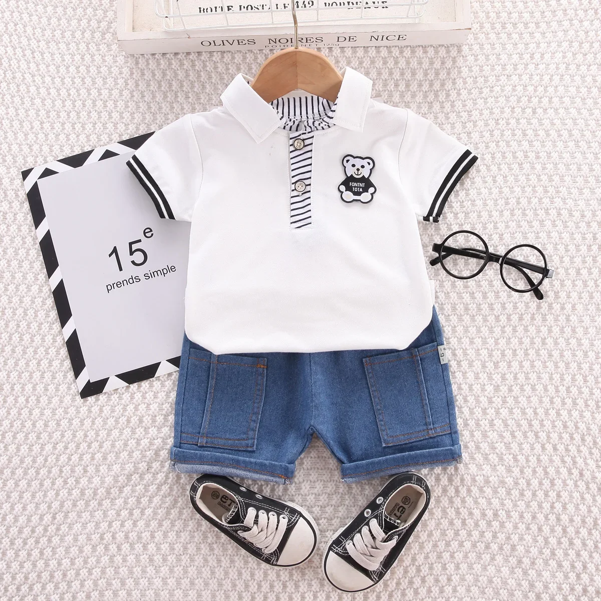 Baby Boys Summer Sets Clothing Korean Style Outfit For Kids Cartoon Short Sleeve Tops and Denim Shorts 12 18 Months Tracksuits