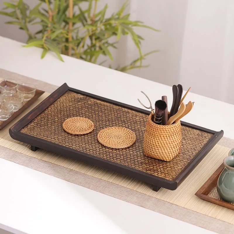 

Zen Retro Style Tea Set Storage Tray Retro Tea Tray Household Japanese Style Solid Wood Bamboo Woven Tea Cup Rattan Tray ZE626