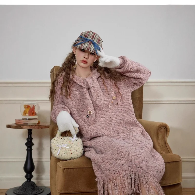 

Autumn Winter New Long Sleeve Hooded Knitted Dress Women Loose Straight Sweet Design Sweater Dress