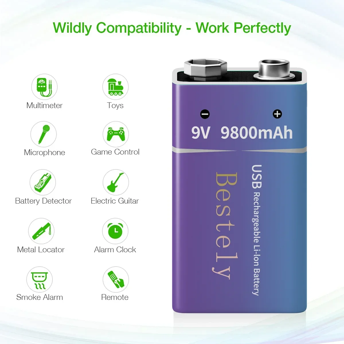 Stable 9V-9800mAh Battery USB-C Charging Rechargeable Lithium Long lasting Batteries for Multimeter/Microphone Smoke Detector