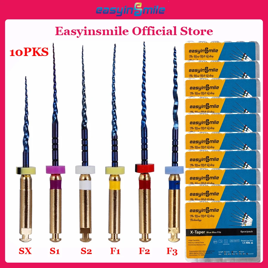 10Packs EASYINSMILE Endodontic Dental files NITI Endo Rotary Files Root Canal SX-F3 25MM X-Pro Blue Taper Engine Tips for Motor