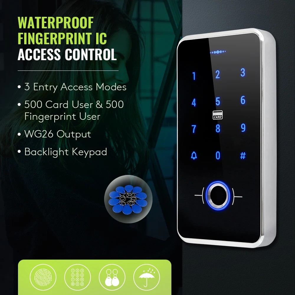 

WG26 Output DC12V Waterproof Door Access Control IP67 Fingerprint Password Unlock+10Pcs 13.56MHz IC Keyfobs for Home/Office