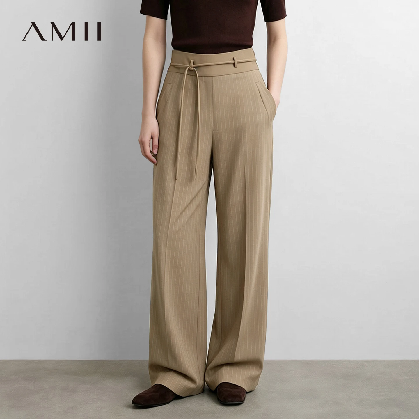 Amii Women Striped Wide Leg Pants 2026 Autumn New Detachable Belt Contrast Loose Casual Trousers Office Lady Clothing 12623053