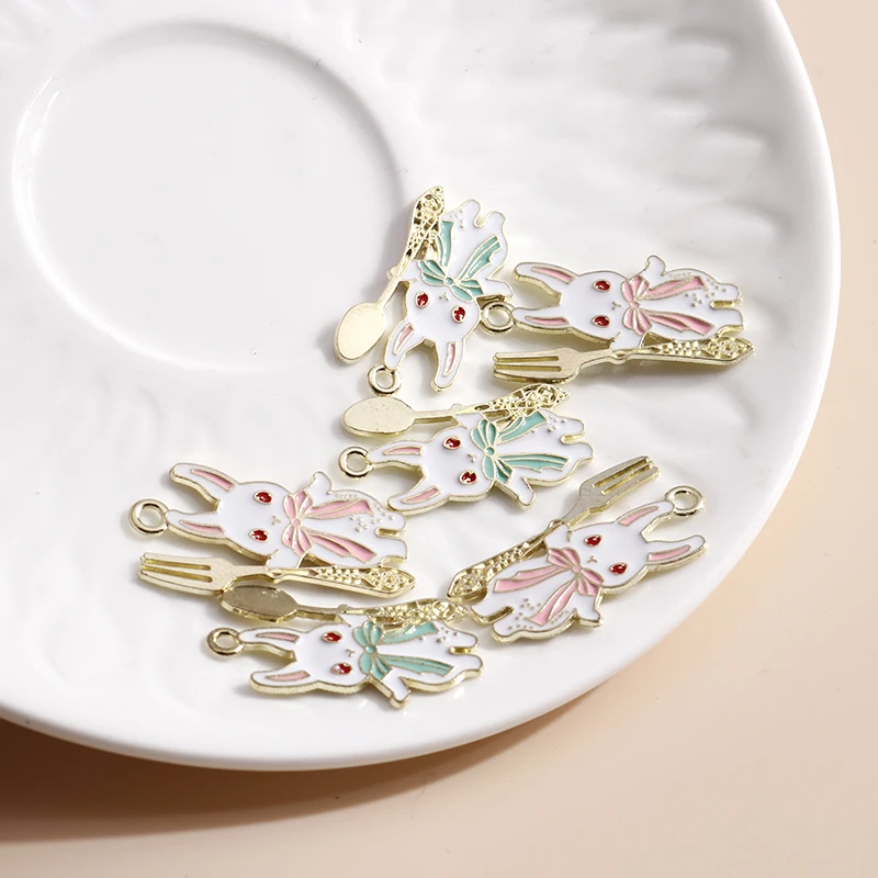 Leslie 10pcs 16*32mm Cartoon Enamel Mini Rabbit Charms for Jewelry DIY Spoon fork Charms Pendants Necklaces Earrings Accessories