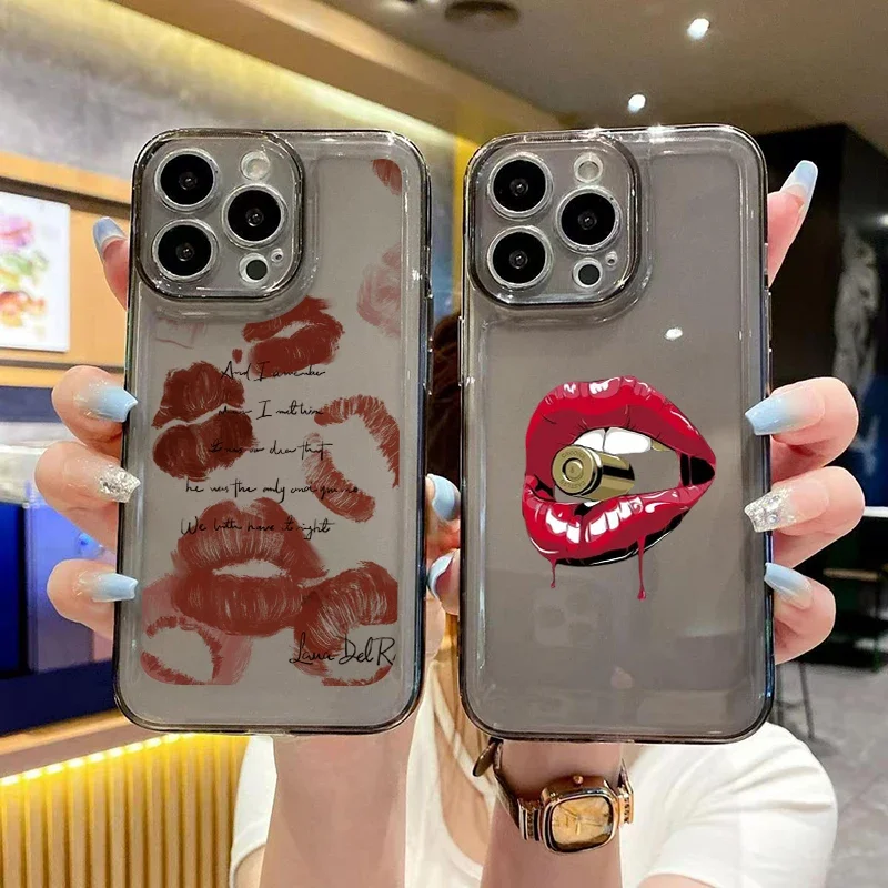 

Sexy Red Lips Black Phone Case For iPhone 16 15 11 12 14 13 Pro Max Mini XSMax XR SE2 7 8 Plus Luxury Shock-absorbing Soft Cover