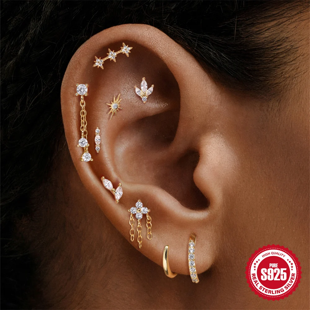 AIDE 925 Sterling Silver Shiny Star/Heart Zircon Heart Shaped Flat Back Piercing Earring  for Women Internal Thread Party Gifts view 4