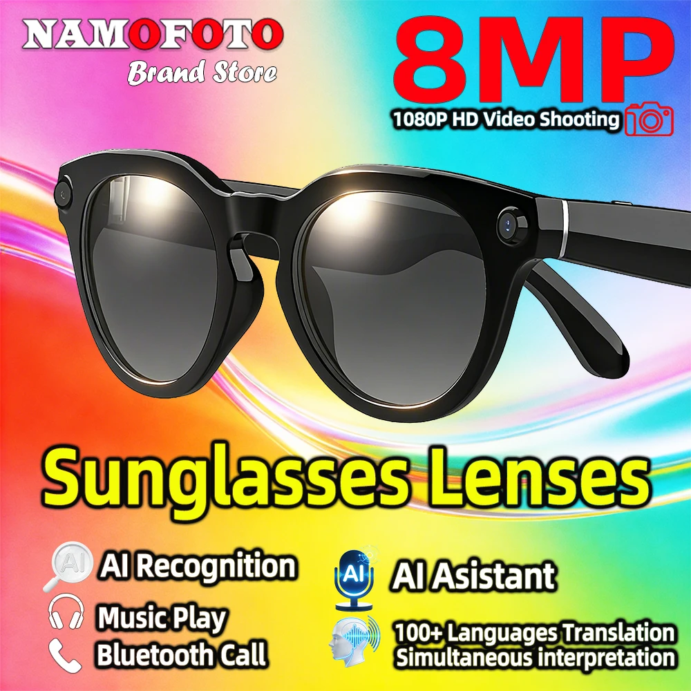 

2026 New AI Smart Glasses 8MP Camera Video Record BT Call Music Play Glasses 100+ Languages Translation SI Sunglasses Men Women