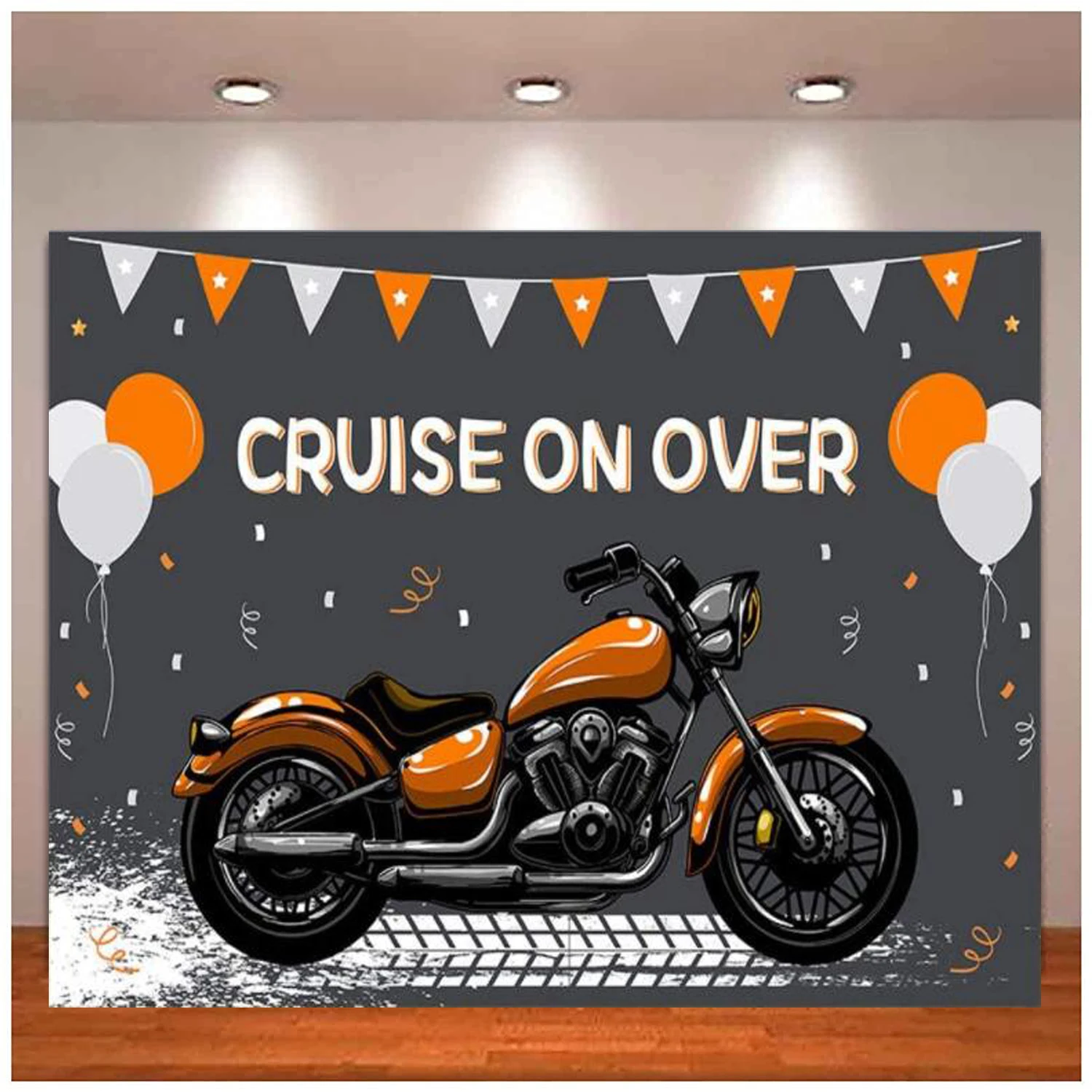 

Motorcycle Boy Happy Birthday Party Photography Backdrop Props Boy Cruise On Over Ride Orange Silver Balloons Background