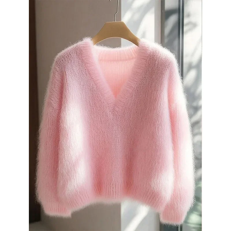 Autumn Winter Daily Chic Y2k Tops Women Sweet Pink Knitted Pullovers V-neck Loose Casual Comfortable Thick Soft Sweaters