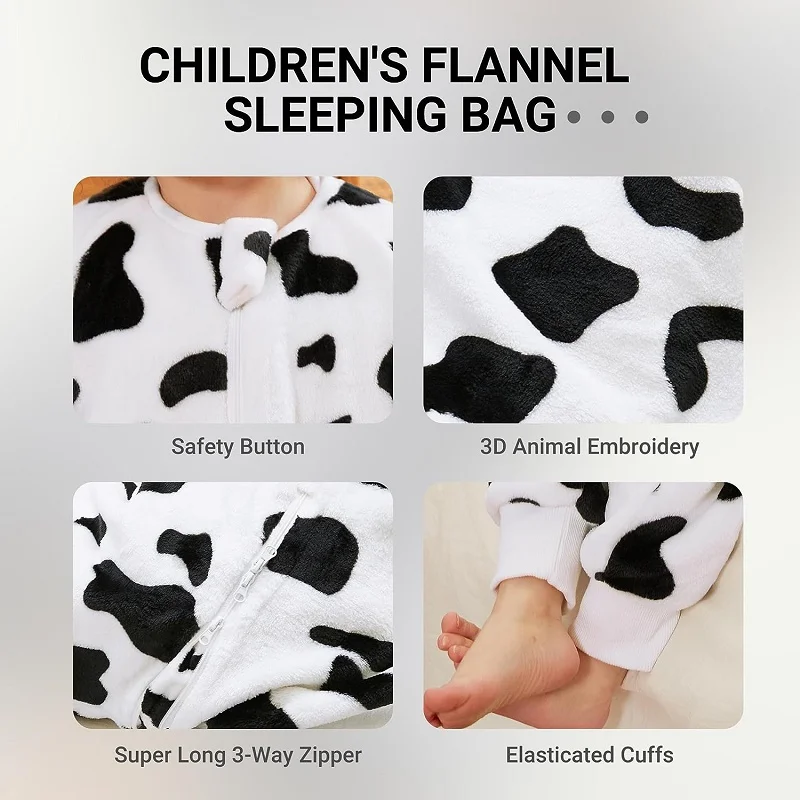 MICHLEY Cute Cow Flannel Baby Kids Sleeping Bag Winter Long Sleeve Wearable Blanket Warm Sleepsack Pajamas For Boys Girls 1-6T