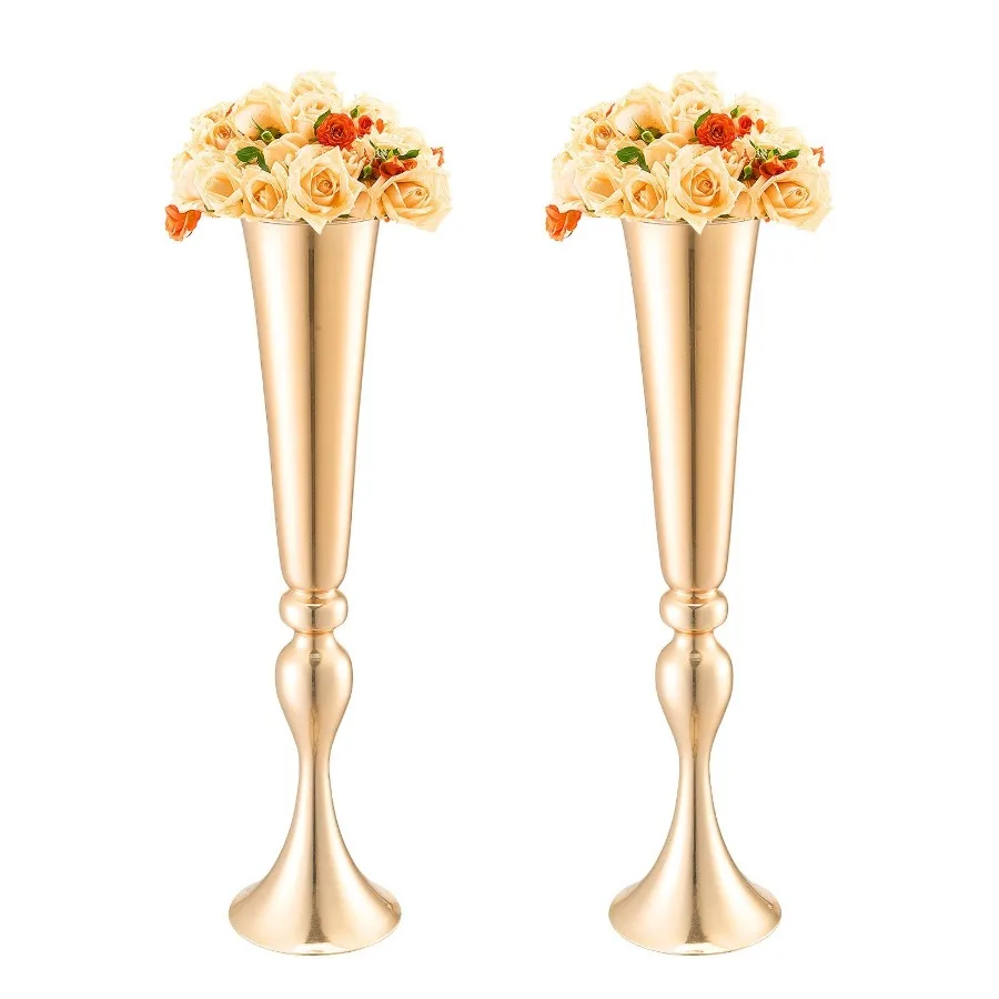 

2PCS 56cm 22.05' Tall Wedding Flower Vase Metal Gold Trumpet for Tables
