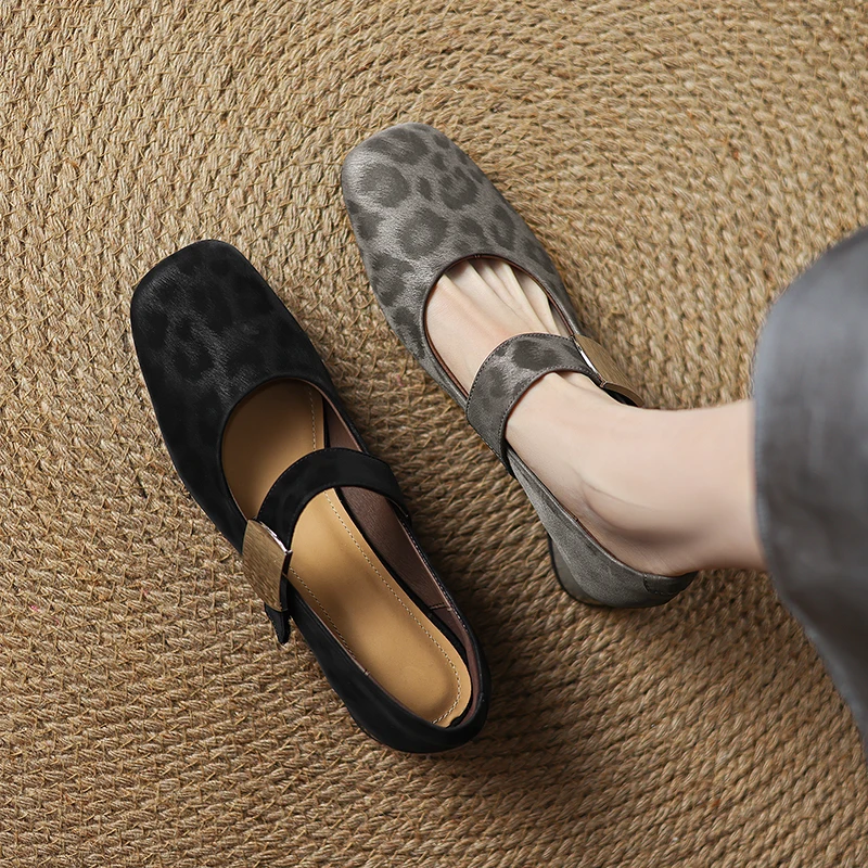 2026 new spring summer women pumps natural leather 22-25.5cm cowhide+pigskin square toe round heel leopard print women shoes