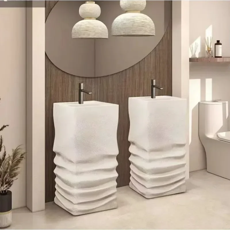 Hot Design Bathroom Sinks Resin Stone Freestanding Washbasin Floor Standing Basin Pedestal Solid Surface Hand Washing Sink