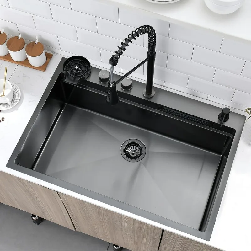 33 Inch Black Waterfall Drop In Kitchen Sink with Faucet Combo, 33x22 Waterfall Kitchen Sink Drop In Workstation 16 Gauge