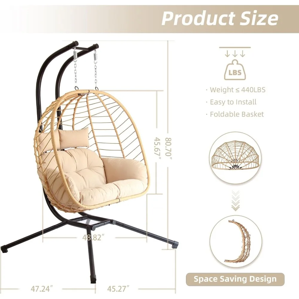 Double Egg Chair with Stand, Patio Wicker Hanging Swing Egg Chair Thickened, Galvanized Pipe Steel Frame and UV Resistant Cushio